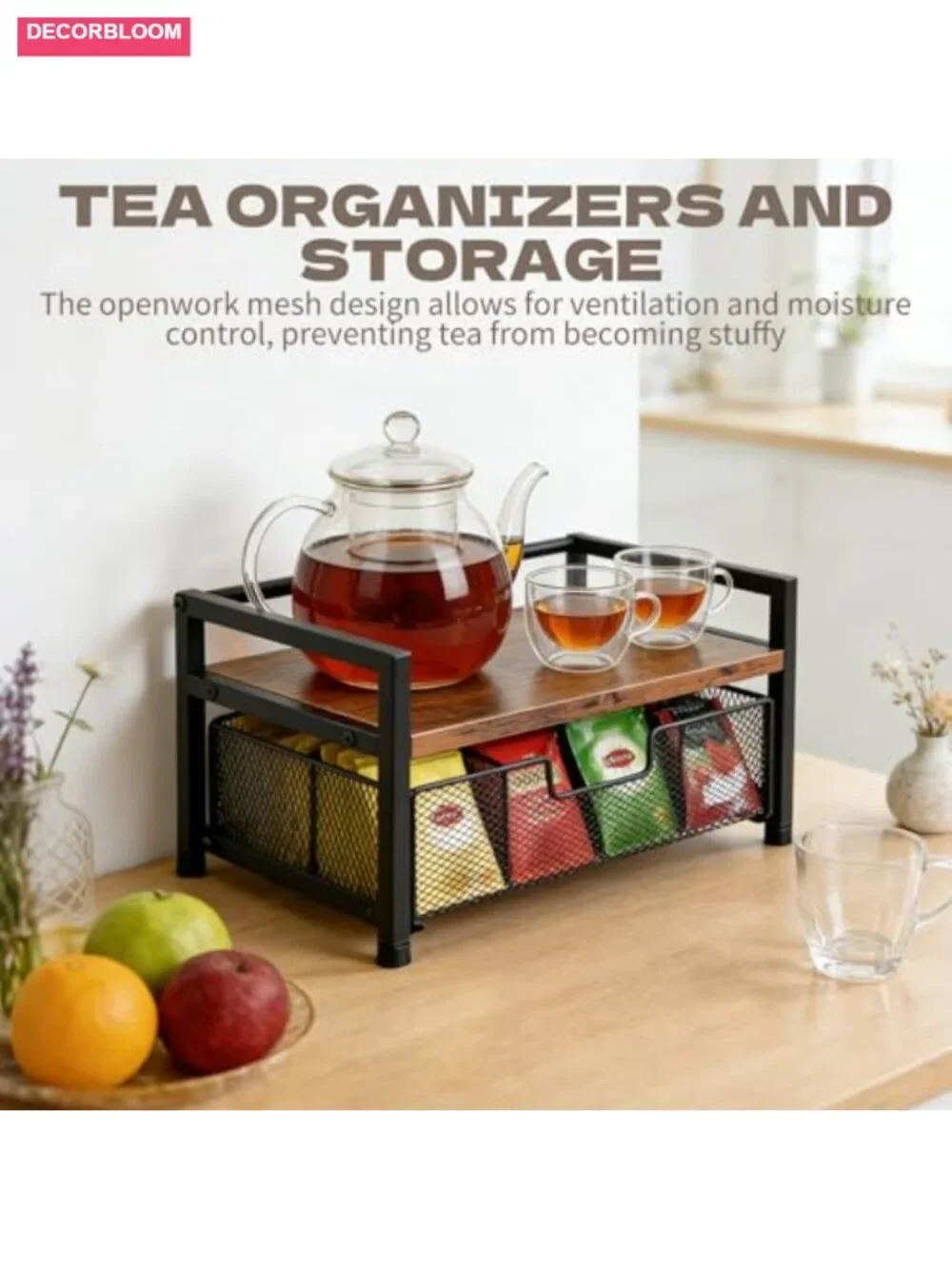 Wooden Tea Bag Organizer with 8-Compartment Pull-Out Drawer
